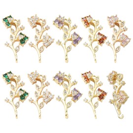 KitBeads 10pcs 5 Colors Cubic Zirconia Rose Charms Floral Micro Pave Connector Charms Light Gold Plated Flower Branch Charms for Jewelry Making Bulk