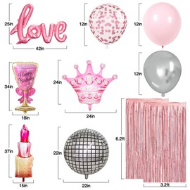 Pink Birthday Decorations for Women, Happy Birthday Banner, Rose Gold Fringe Curtain with Latex & Confetti Balloons, with Love, Crown, Lipstick, Wine Glass Foil Balloons for Girl Birthday Party