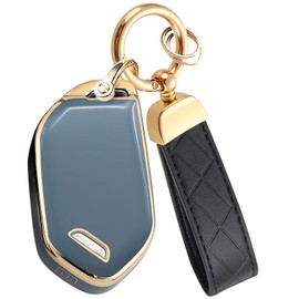 Montague Key Fob Cover for KIA with Leather Keychain, Premium TPU Key Case Shell for Kia Telluride, Sorento, K5 GT-Line Remote Smart Key Fob Protector (5 Buttons, Gray)