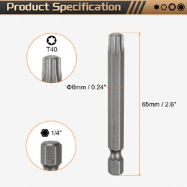 HARFINGTON 3pcs T40 Torx Head Screwdriver Bit 1/4" Hex Shank 2.6" (65mm) Long Magnetic No Hole Tip Tamper Proof 6 Point Star Screw Driver Drill Bits S2 Steel Industrial Power Screwdrivers