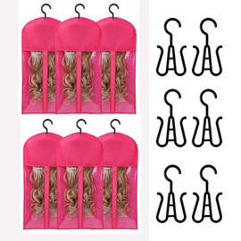 6PCS Wig Storage Bags with Hanger, 23.6" x 11.8"Wig Storage for Multiple Wigs,Breathable and Easy Carry Home Hair Travel Use:_Rose Red_6 PCS