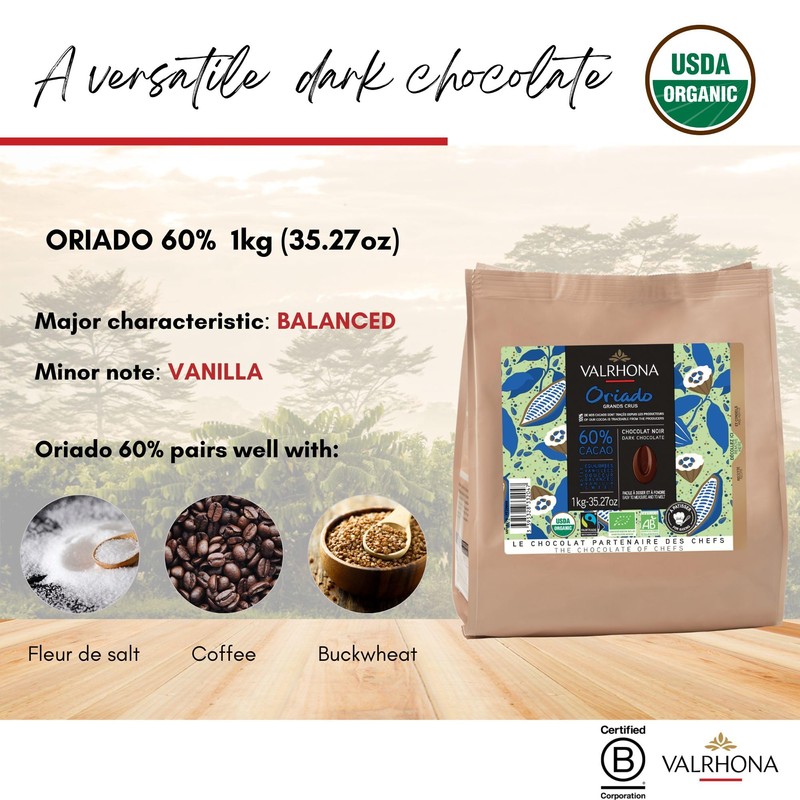 Valrhona Premium French Baking Dark Chocolate Discs (Feves). ORIADO 60%