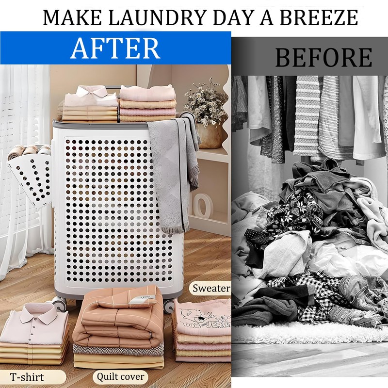 WESAPPINC Rolling Laundry Hamper with Lid, 70L Perforated Plastic Basket