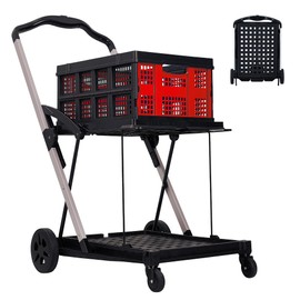 Garvee Foldable Shopping Cart for Groceries, 2-Tier Collapsible Utility Carts with Wheels & Removable Storage Crate, Aluminium & PP, Portable for Supermarket & Home Use, Red