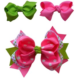 Girls Hair Bow Boxed Gift Set of 3 Grosgrain Ribbon Bows By Funny Girl Designs (Lime Green and Hot Pink Set)