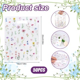 50pcs Wildflower Party Favor Bags, Pearlescent Film Wildflower Theme Goodie Bags Plastic Flower Floral Candy Gift Bag with Handles Reusable Supply for Birthday Baby Shower Wedding Party