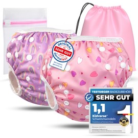 KIDVERSE Set of 2 Swim Nappies Baby 0-3 Years - Skin-Friendly Swim Nappies Reusable & Absorbent - Baby Swim Nappy with Bag & Laundry Net - Size Adjustable Swim Nappies Baby