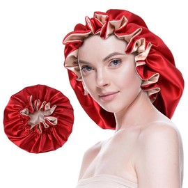 Silk Bonnet for Sleeping Satin Bonnets Double Layer Reversible Hair Cap Bonnet for Women Long Curly Braid Hair (Pink):_red_Medium