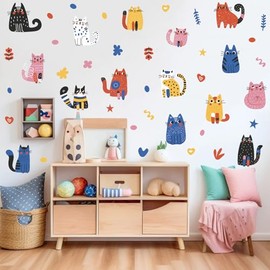 OLMIXA Colorful Doodle Cat Wall Decal, Abstract Pet Cats Wall Stickers, Vinyl AnimalThemed Wall Art for Baby Shower Bedroom Playroom Nursery Decor