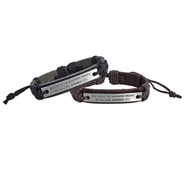 Mens Religious Bracelets Blessed is The Man Jeremiah 17:7 Metal Bar Black and Brown Leather Bracelet Set, 8 Inch, Pack of 2