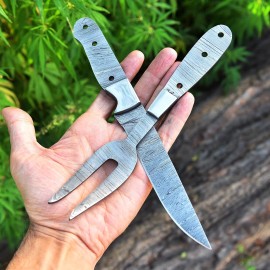 Steak Knife Custom Damascus Steel Steak knife & fork blank blade  full tang pair