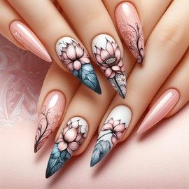 Flower Press on Nails Long Tip Stiletto Heel Fake Nails Flower Lotus Pink White Full Cover Stick Nails Retro Floral Full Cover Artificial Nails Glossy Spring Summer Glue on Nails for Women Manicure