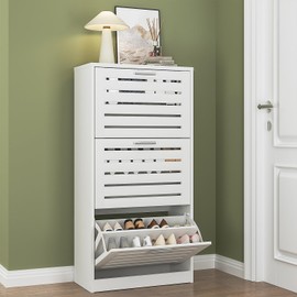 VECELO Shoe Storage Cabinet with 3 Flip Drawers, Slim Hidden Free Standing Organizer for Narrow Entryway, Adjustable Shelf, Modern Style, White (47.8" x 23.6" x 11.4")