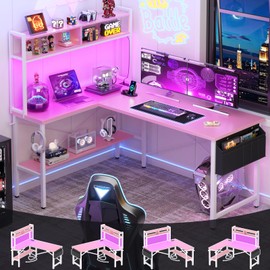 Aheaplus L Shaped Desk Gaming Desk, 59'' L Shaped Computer Desk with LED Light & Power Outlet, Reversible Home Office Desk Gamer Desks with Shelves & Storage Bag & Hooks, Corner PC Desk, Pink