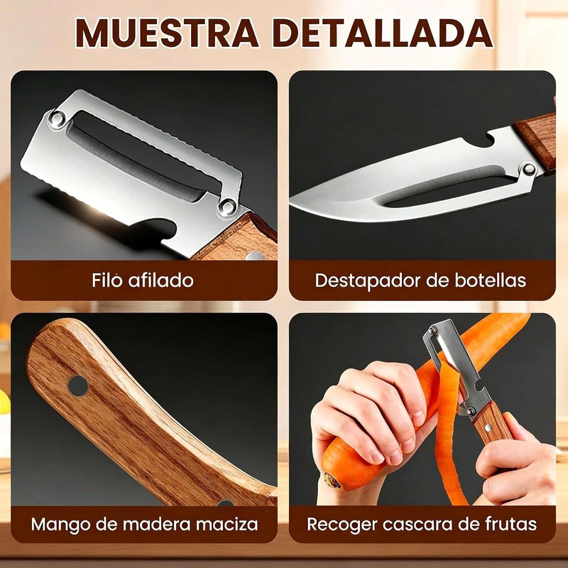 Pelador de Verduras Multifuncional Para Cocina, Con Mango de Madera