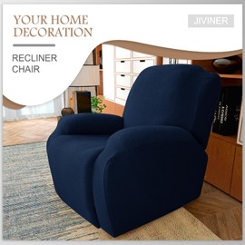 JIVINER 4-Piece Recliner Chair Covers Stretch Jacquard Covers for Recliner Chair Recliner Slipcovers for Living Room Soft Recliner Protector with Pocket (Recliner, Navy Blue)