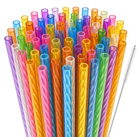Kyllog 50 Pcs Reusable Plastic Straws, 9 Inch Colored Crystal Straws for Mason Jar Tumblers, Straws Drinking Plastic for Party with Cleaning Brush