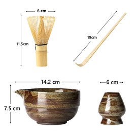Katakuchi Rice Bowl Set, Dotomae Set, Matcha Utensils, Chawan, Chasen Stand, Chasen (100 Pieces), Chasaku, Bowl Bottom Horizontal Stripes Pattern (Brown Glaze)
