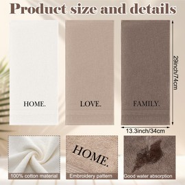 FuWeave 3 Pcs Farmhouse Decorative Hand Towels for Bathroom and Kitchen Rustic Embroidered 100% Cotton Hand Towels Decorative Set for Boho Bathroom Decor (Brown,Home,Love,Family)