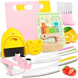 Suhctuptx Kids Knife Set for Real Cooking, Kids Kitchen Knives with Cutting Board Crinkle Cutters Cleaning Tools, Toddler Kitchen Toys Christmas Birthday Gifts for Girls Boy Age 2-10