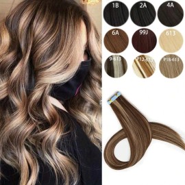 10pcs Women'S Mini Tape-In Hair Extensions, 24 Inch Straight Hair Synthetic Hair Extensions, Not Fading, Seamlesscolor: SKU_12_(10P)Double Color-#1B-99J, stretched length: 24 inches