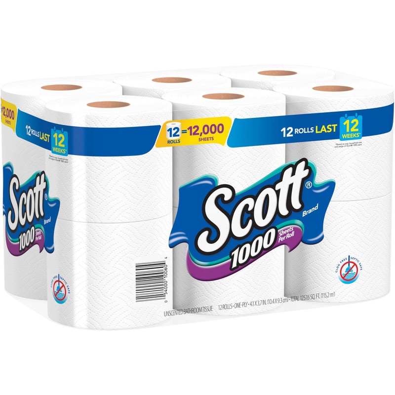 Scott 1000 Sheets Per Roll Toilet Paper, 12 Rolls, Bath