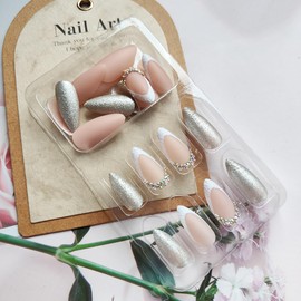 24Pcs Almond Press on Nails Medium Glitter Silver Fake Nails French Tip False Nails with Sparkly Rhinestones Designs Elegant Acrylic Artificial Nails Kit Matte Glue on Nails for Women and Girls