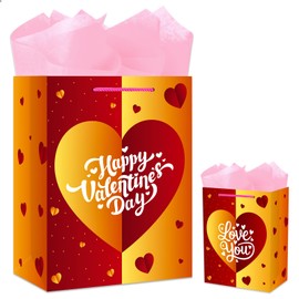 JUESMOS 13" Valentines Day Gift Bag with Tissue Papers Happy Valentines Day Gift Bag with Handles Love Heart Paper Goodies Treat Bag for Valentine's Day Gift Bags for Girlfriend Boyfriend Wife Husband