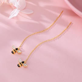 SLUYNZ Solid 925 Sterling Silver Bumble Bee Dangle Earrings for Women Teen Honey Bee Drop Earrings Threader Tassel Chain (B-18K Gold Plated)