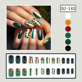 TBRZTR St. Patrick's Day Press on Nails Medium Lrish Flag Pattern Design False Nails Four-leaf Clover Acrylic Nails Artificial Coffin Nails Holiday Press Nails Full Cover Glue on Nails for Women