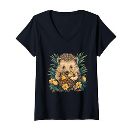 Womens Pineapple Hedgehog Floral Pineapple Fruit Animal Art Motif V-Neck T-Shirt