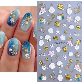 Ocean Nail Stickers Shells Nail Art Stickers 5D Self Adhesive Nail Decals Starfish Nail Art Decals Sea Creature Nail Design for Women Girls Summer Nails Accessories DIY Manicure 4 Sheets