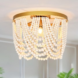 Ayshwilldec 3-Light 12.6" Boho Wood Beaded Flush Mount Ceiling Light for Bedroom,2-Mode Adjustable Beaded Chandelier,Boho Chandelier Coastal Semi Flush Mount Ceiling Light for Entryway Hallway kitchen