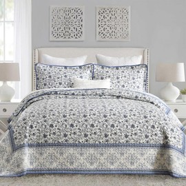 SOElinens Floral Quilt King Size - Blue Quilt Set with Matching Shams, Vintage Garden Elegant Bedding Quilted Bedspread, 3 Pieces 100% Cotton Lightweight Bedding Set Home Decor for All Season