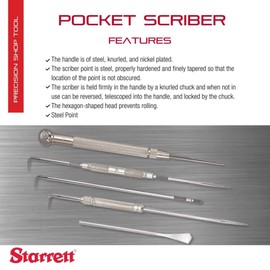 Starrett Steel Pocket Scriber with Hexagon Shape Head - 2-7/8" Length, 3/8" Handle Diameter, Knurled and Nickel-Plated Handle - 70B