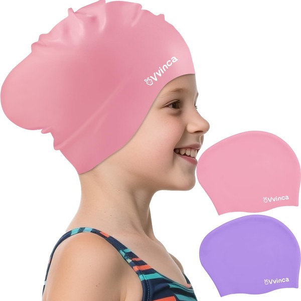 Vvinca Swim Cap Kids for Long Hair Braids Curly, 2
