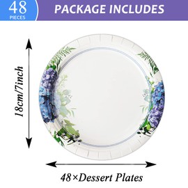 48 Pcs Hydrangea Party Plates Floral Birthday Party Disposable Paper Dessert Plates Supplies Decorations Hydrangea Plates Tableware for Wedding Baby Shower Birthday