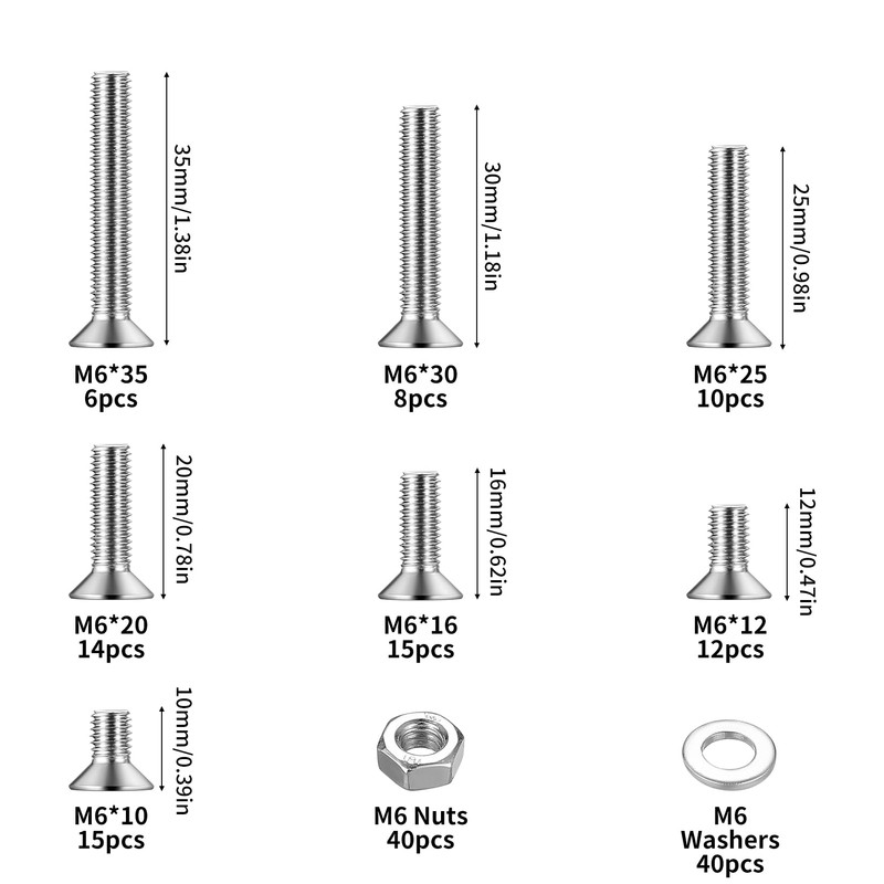 Pack of 160 M6 Screws Set, Countersunk Screws Nuts Set,