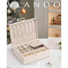 Vlando Accessory Case, 2 Layers, Large Capacity, Jewelry Box, Removable Jewelry Tray, Necklace, Earrings, Rings, Bracelets, Women, Present, Birthday Gift (Apricot Pink)