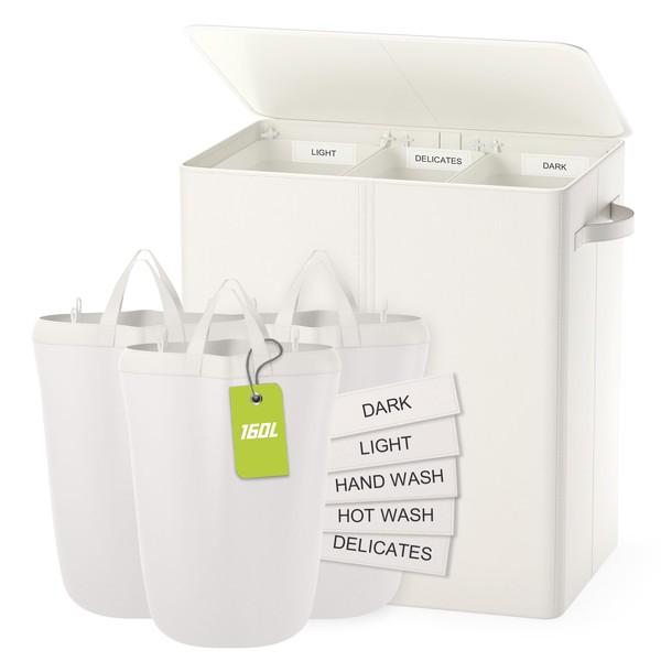 160L Laundry Hamper 3 Section, Dirty Clothes Hamper with Lid