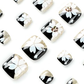 Black Artificial Acrylic Fake Nails for Toe, Press on Toenails Coffin with White Flower Designs, Full Cover Reusable False Toenails with Glue, Glue on Toe nails with Charm for Women Girls（JP2336）