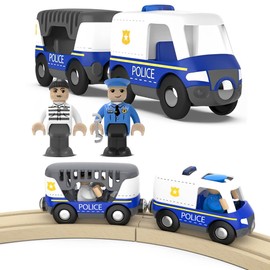 LiRiQi Wooden Train Police Car Railway Locomotive Children, Police Toy Car with Sound and Light, Train Set Compatible with Thomas Brio, Toy Car for Toddlers, Boys and Girls