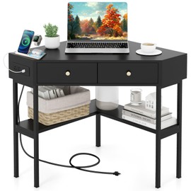 Giantex Corner Desk with Charging Station, 90 Degree Triangle Computer Desk with 2 Drawers & Storage Shelf, L-Shaped Writing Desk Makeup Vanity Table, Compact Corner Desk for Small Spaces (Black)