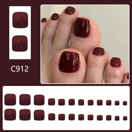 Dark Red Press on Toenails Short Square False Toenails with Designs Glossy Wine Red Fake Toe Nails Spring Glue on Toenails Cute Reusable Summer Stick on Toe Nails for Women Girls Manicure 24Pcs