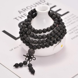 AD Beads Natural Gemstones Buddhist 108 Prayer Healing Beads Mala Stretchy Bracelet Necklace 6mm (Black Lava)
