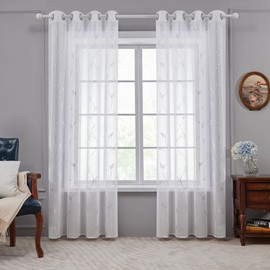 Deconovo Curtains White Curtain Transparent Linen Look Eyelet Curtain Voile Eyelet Curtain Living Room 229 x 140 cm Flowers