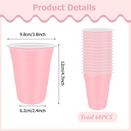 60 Pcs Pink Plastic Cups- 16 oz Reusable Plastic Party Cup Sturdy Colored for Drinking Wedding Birthday Party Christmas