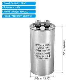 PATIKIL 60uF ±5% 60MDF 450V AC Fan Start Capacitor, CBB65 Circular Run Capacitor for AC Motor Run Air Conditioner Cool Heat Pump Condenser Straight