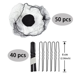 Hair Net Set- 50 pcs Invisible Mesh Hair Nets with 40 pcs U Shaped Bobby Pins for Women Girls Ballet Bun Maker Hair Accessories (Black)