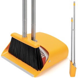 SONCAL Broom and Dustpan Set with Long Handle 52", Standing Broom and Dust Pan Set for Home Kitchen Room Office Lobby Yellow